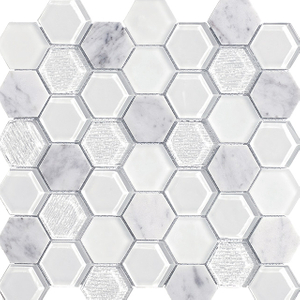 Mosaico hexagonal Blanco Naturaleza Mezcla Azulejos Mosaico de vidrio Popular para cocina caliente Baño Mosaico Azulejos y azulejos de pared